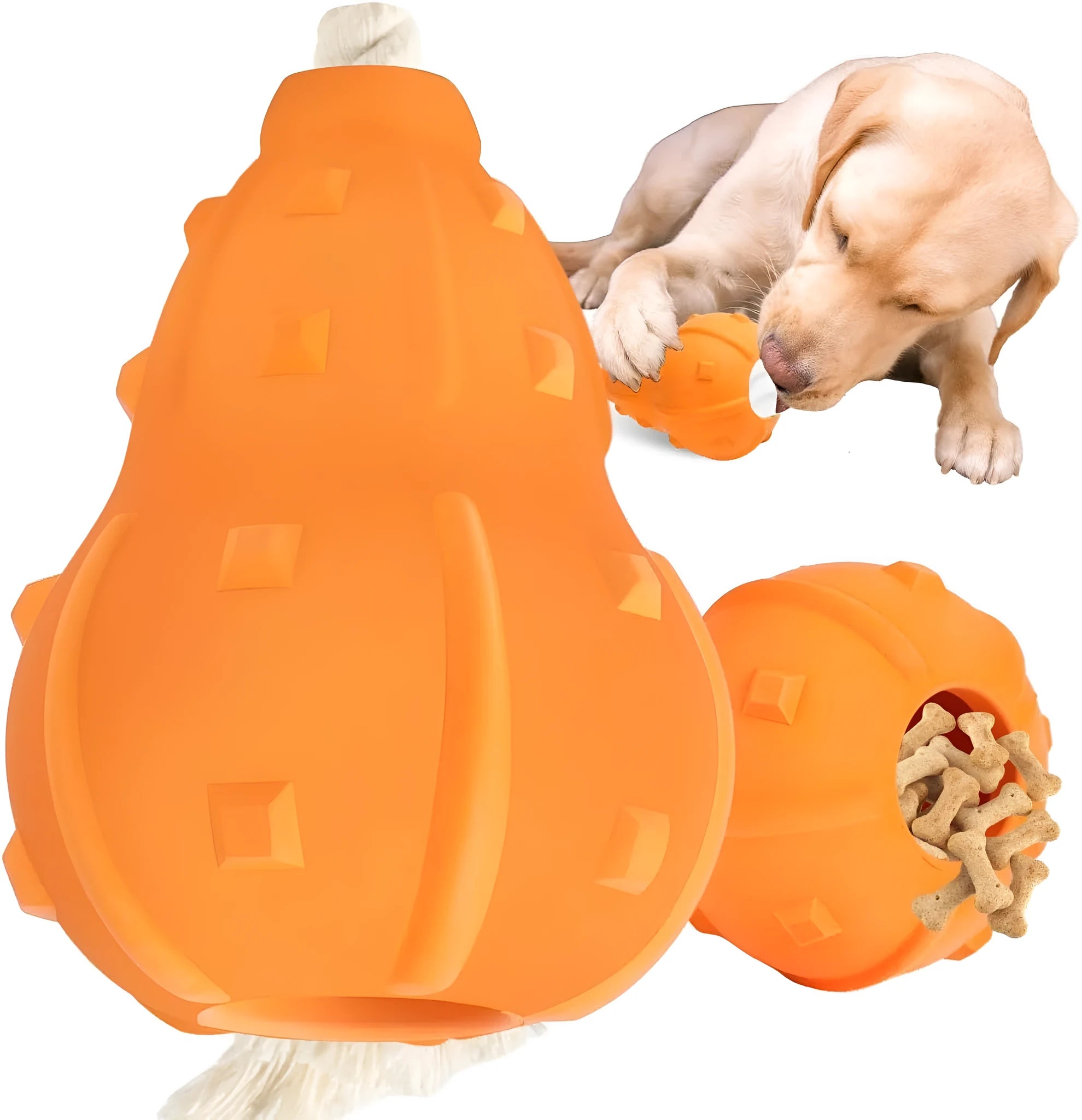 Natural rubber stuffable dog toy with longer strap for interactive fetch and treat dispensing
