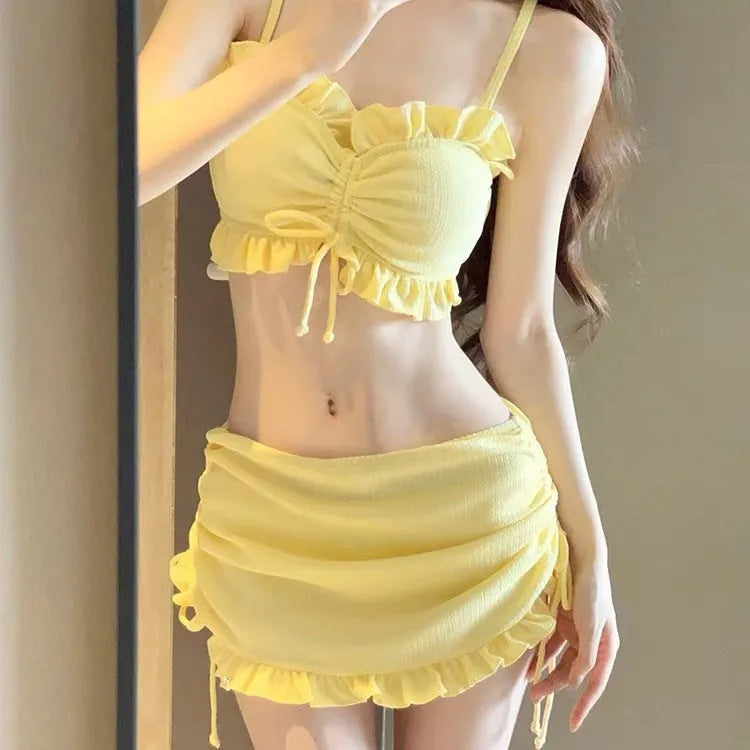 Women's milk silk split bikini swimsuit in solid colour available in pitaya red, yellow and black options