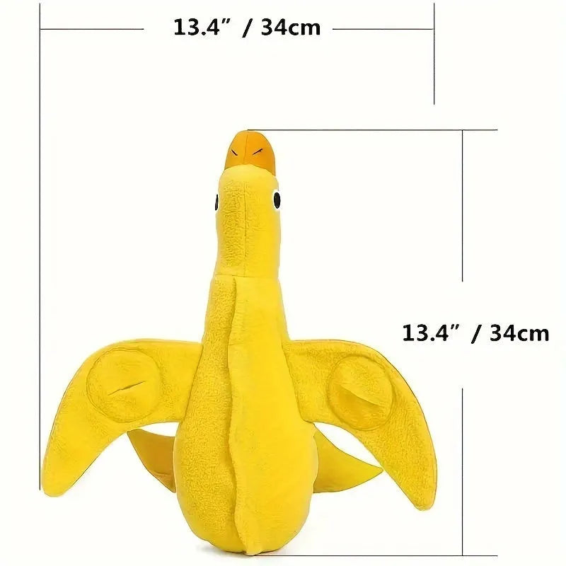 Yellow teddy-shaped rubber dog toy with squeaker duck sound and food leak holes