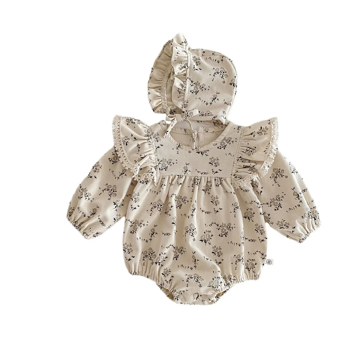 Baby girl corduroy floral jumpsuit in triangle style with long sleeves, round neck, available in black shivering colour