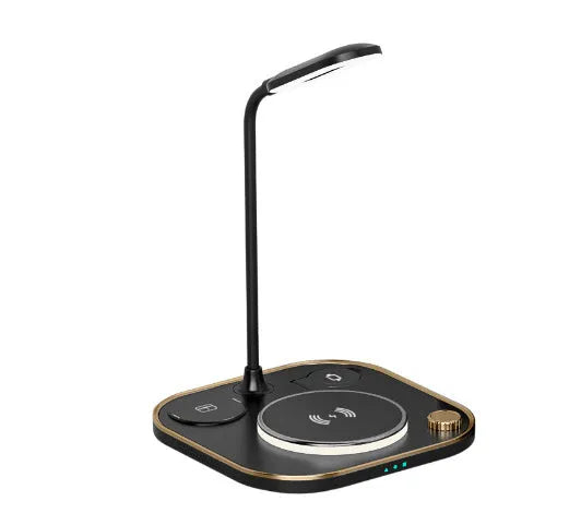 Alpharan three-in-one wireless magnetic charger desk lamp with 15W fast charging in black, showing a phone on the charging base and the lamp on