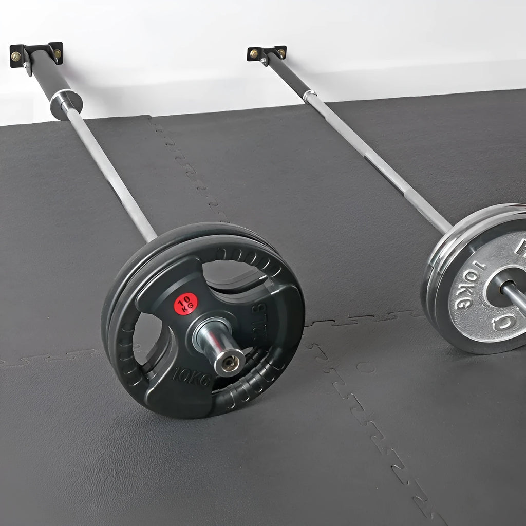 Wall-mounted steel barbell storage rack with 25 vertical holding tubes.
