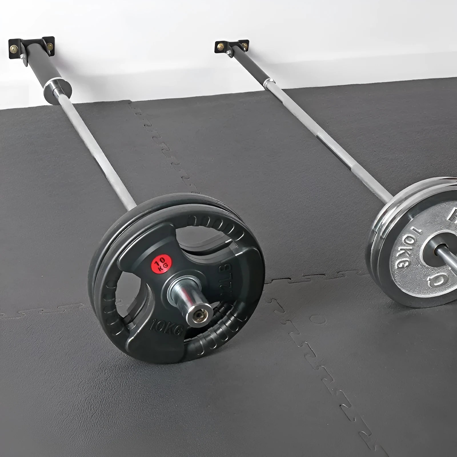 Wall-mounted steel barbell storage rack with 25 vertical holding tubes.