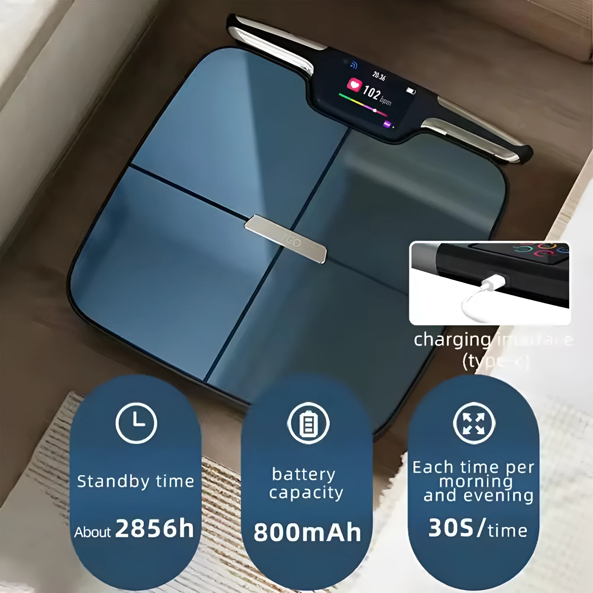 Black eight-electrode body fat scale measuring 45cm with weight, fat, moisture and calorie tracking