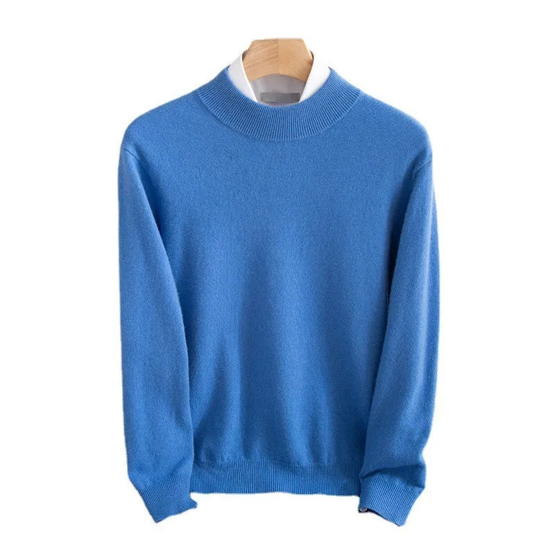 Men's half-collar wool sweater in loose fit showing colour options including black, brown and camel