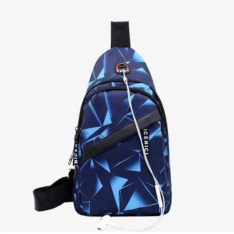 Blue print sling chest bag for men with crossbody strap and visible earphone hole