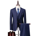Men's navy blue three-piece slim fit plaid suit with jacket, vest, and trousers