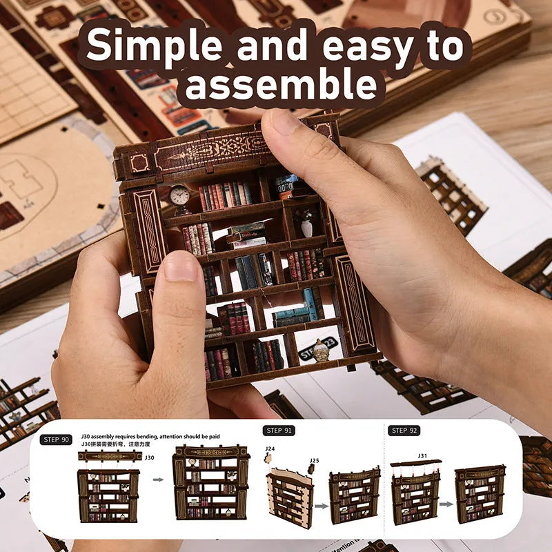 DIY wooden European architecture model of Sweet Dreams Book Hall with lamp line and matte rod
