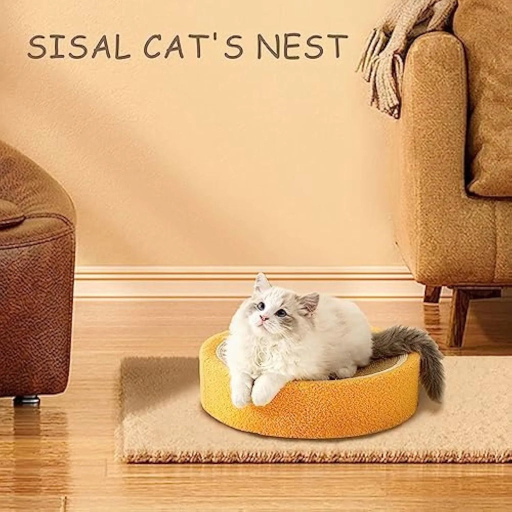 Yellow fruit-themed round sisal cat scratching board and bed for small cats.