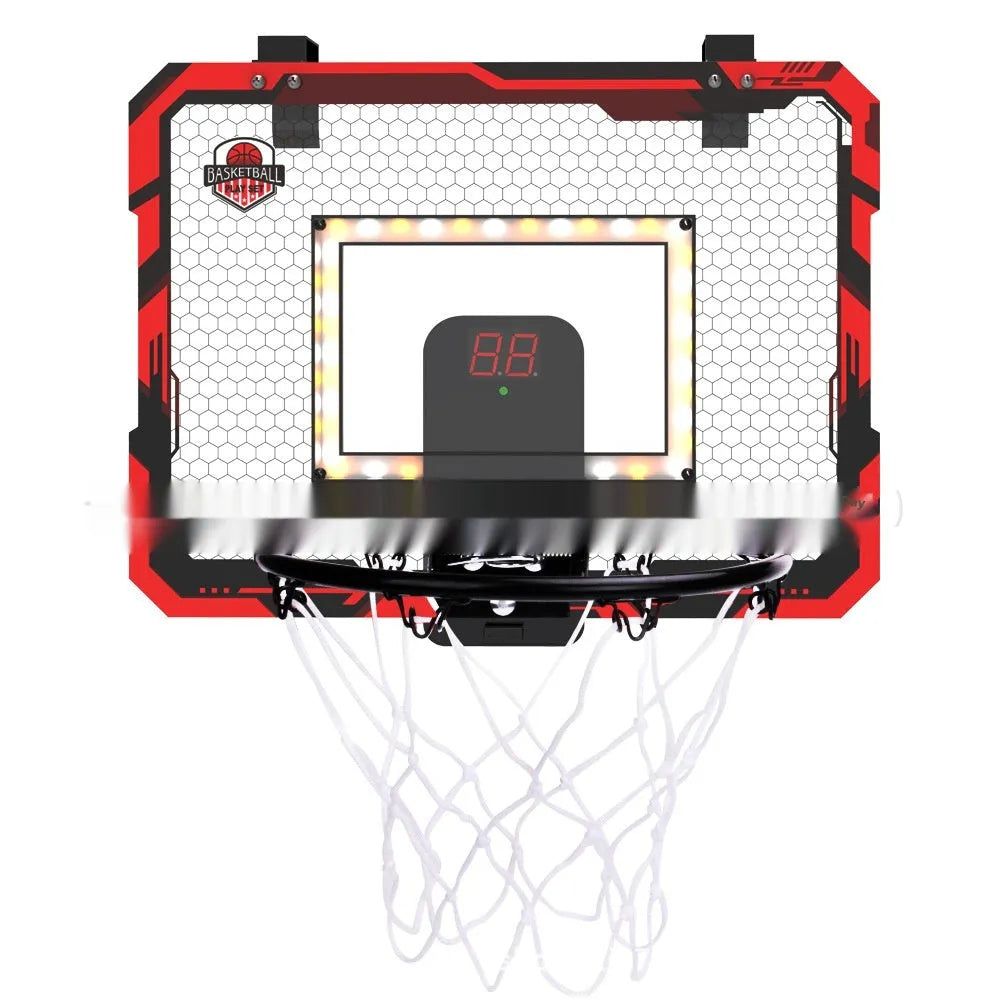 Red and blue folding basketball frame with dunk scoring markings and suction cup mounting system