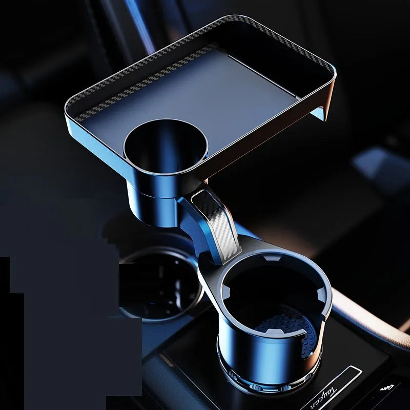 Black car dinner tray holder with 360-degree rotating mechanism mounted in vehicle cup holder