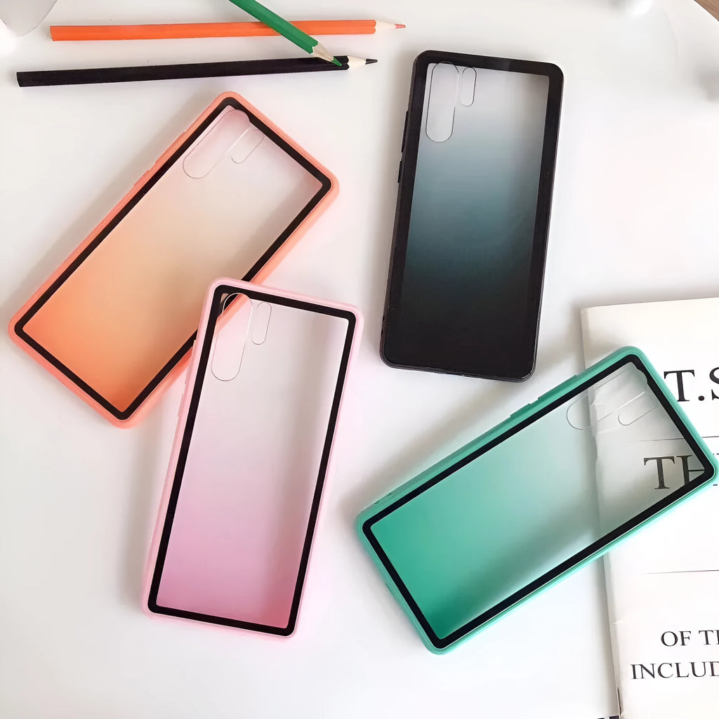Huawei smartphone case in black, green, orange, or pink, showing TPU bumper and PC backplate.