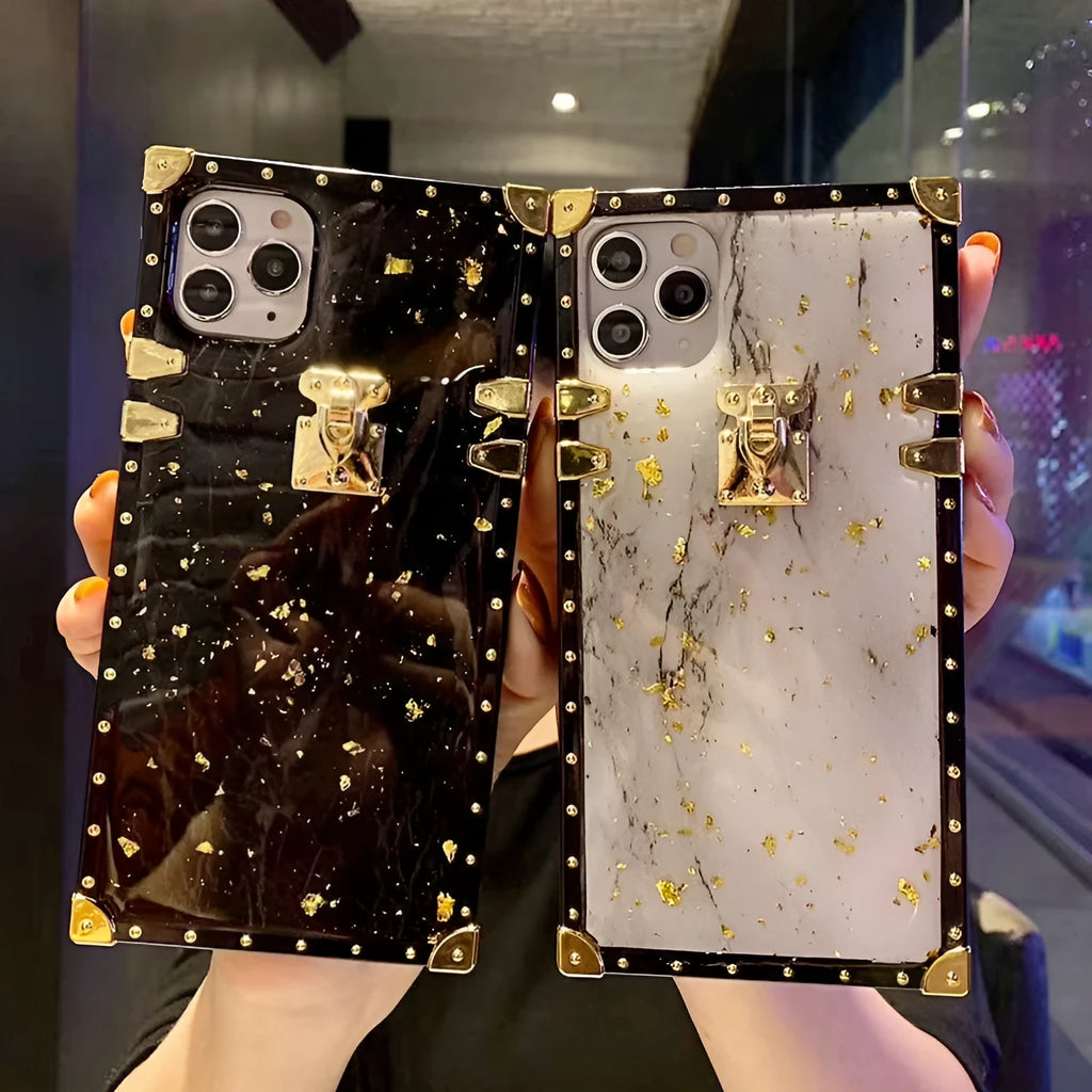Marbled gold foil epoxy TPU phone case back cover for Apple iPhone and Samsung models in solid colour with gold accents