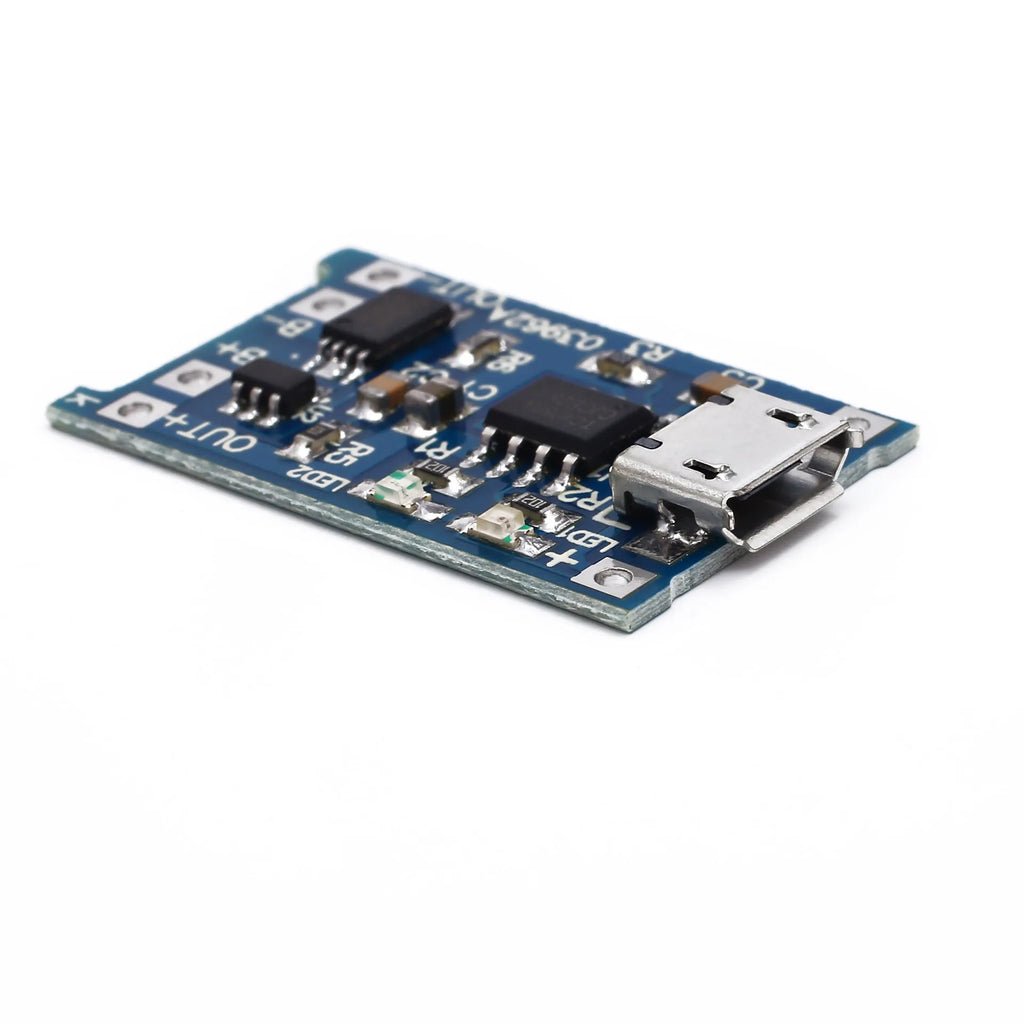 Blue lithium battery charging protection board measuring 2.6 by 1.7 centimetres