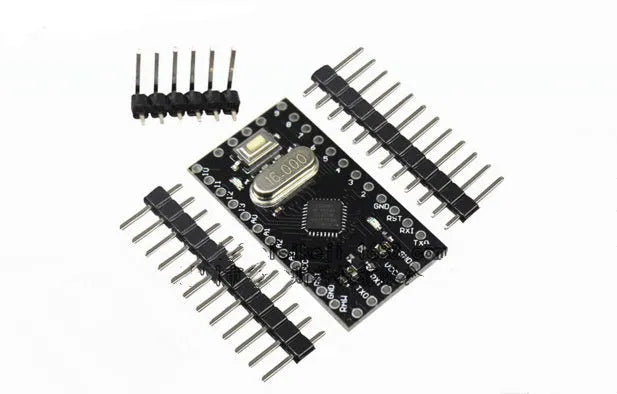 Mini Pro ATMEGA328P microcontroller circuit board with pin headers and compact design