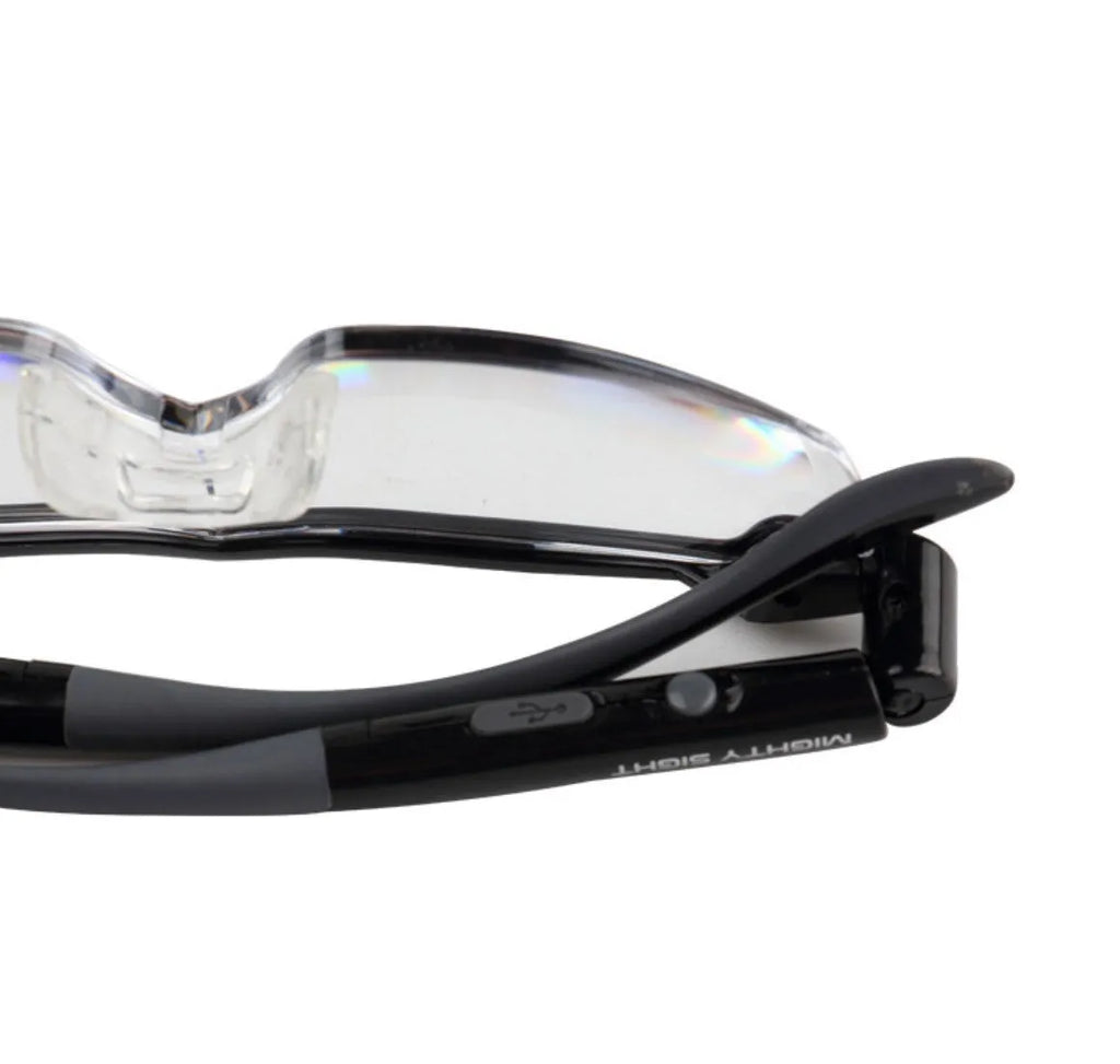 Transparent black USB LED reading glasses with scheduled lighting function