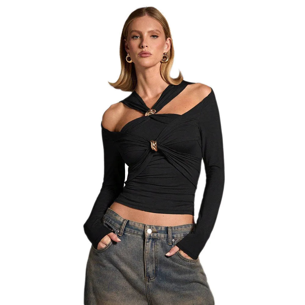 Black women's halter neck slim fit top with shoulder-baring design