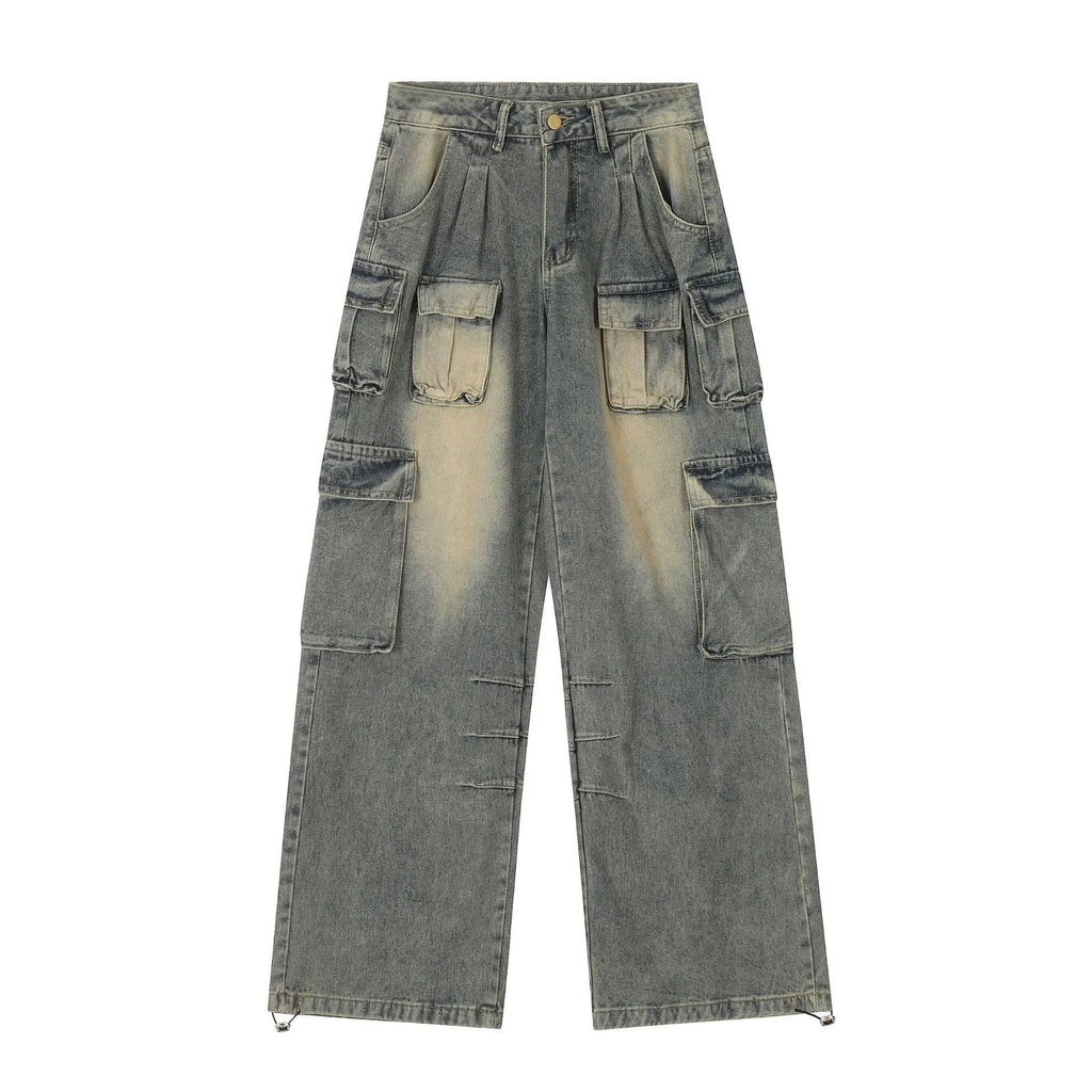 Men's light blue loose fit distressed jeans with multiple pockets on a straight leg.