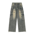 Men's light blue loose fit distressed jeans with multiple pockets on a straight leg.