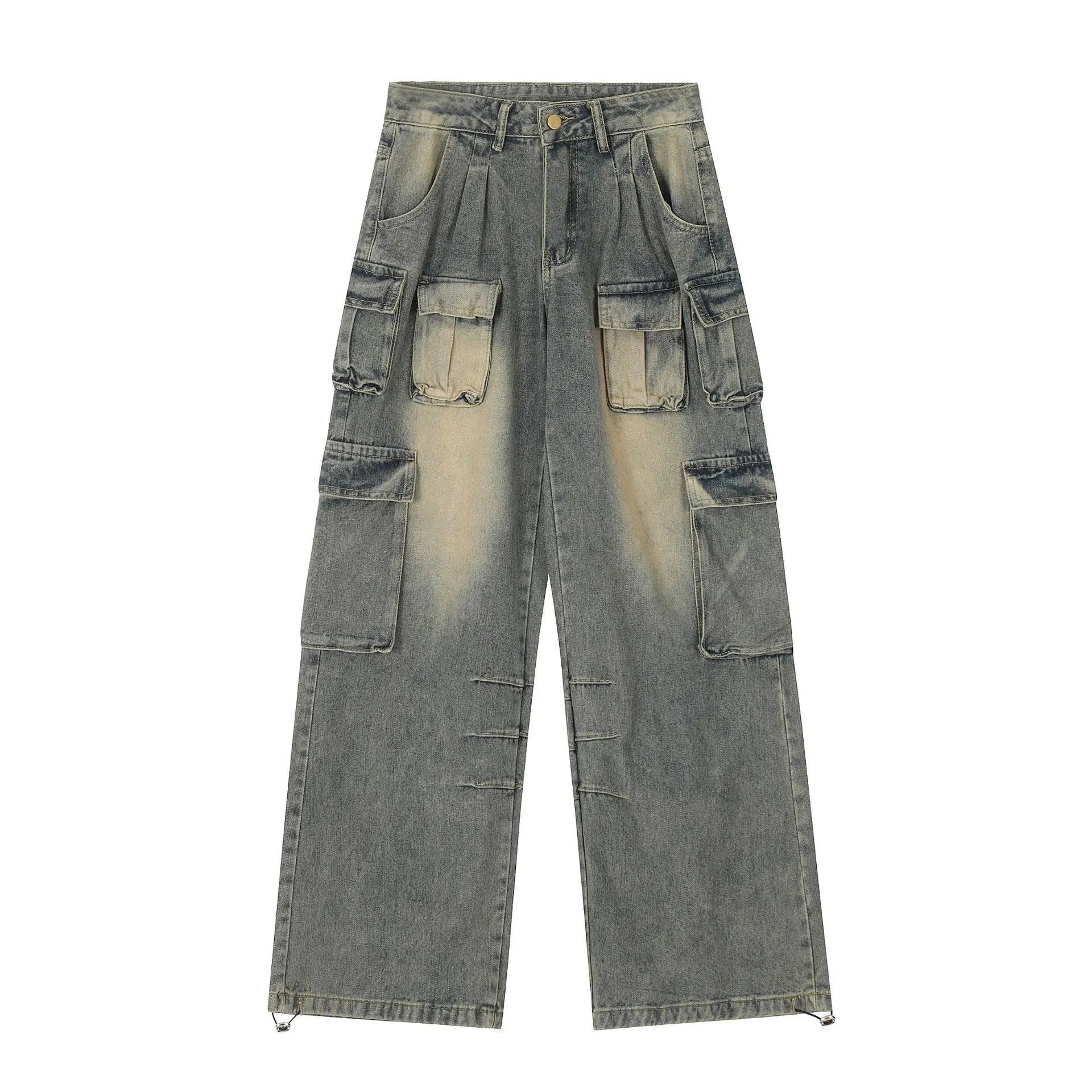Men's light blue loose fit distressed jeans with multiple pockets on a straight leg.