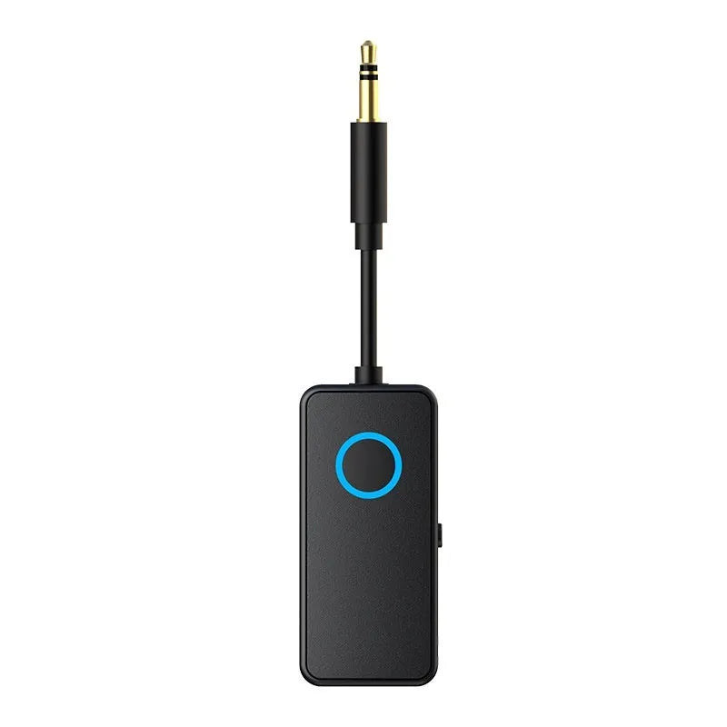 Black Bluetooth 5.4 dual-mode audio adapter with 3.5mm plug for wired to wireless conversion