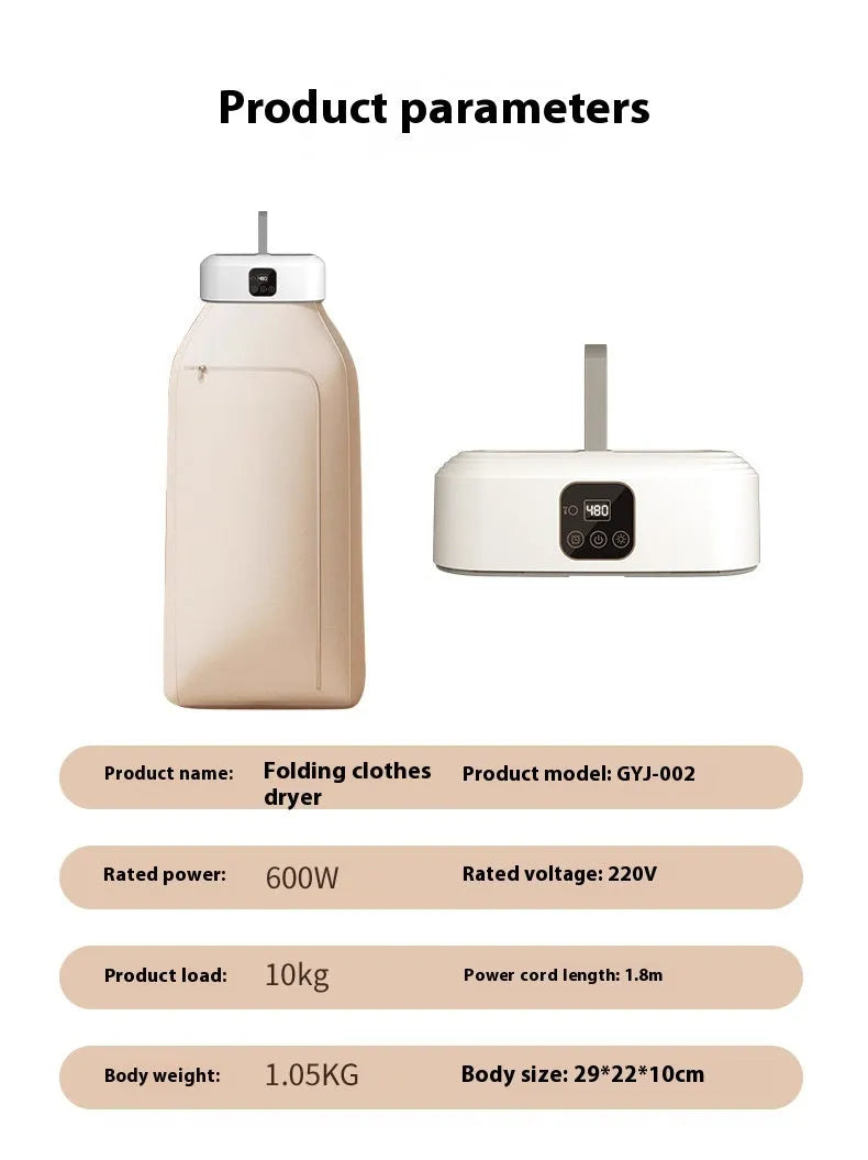 White cylindrical foldable electric clothes dryer with remote control, shown in open position