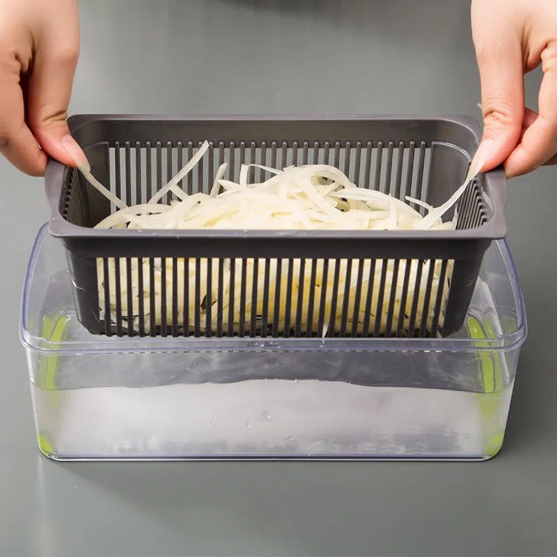 Multifunctional Vegetable Cutter with 7 blades, body in wheat straw material, stainless steel blades, 31.8x11.5x11.5 cm, on kitchen counter