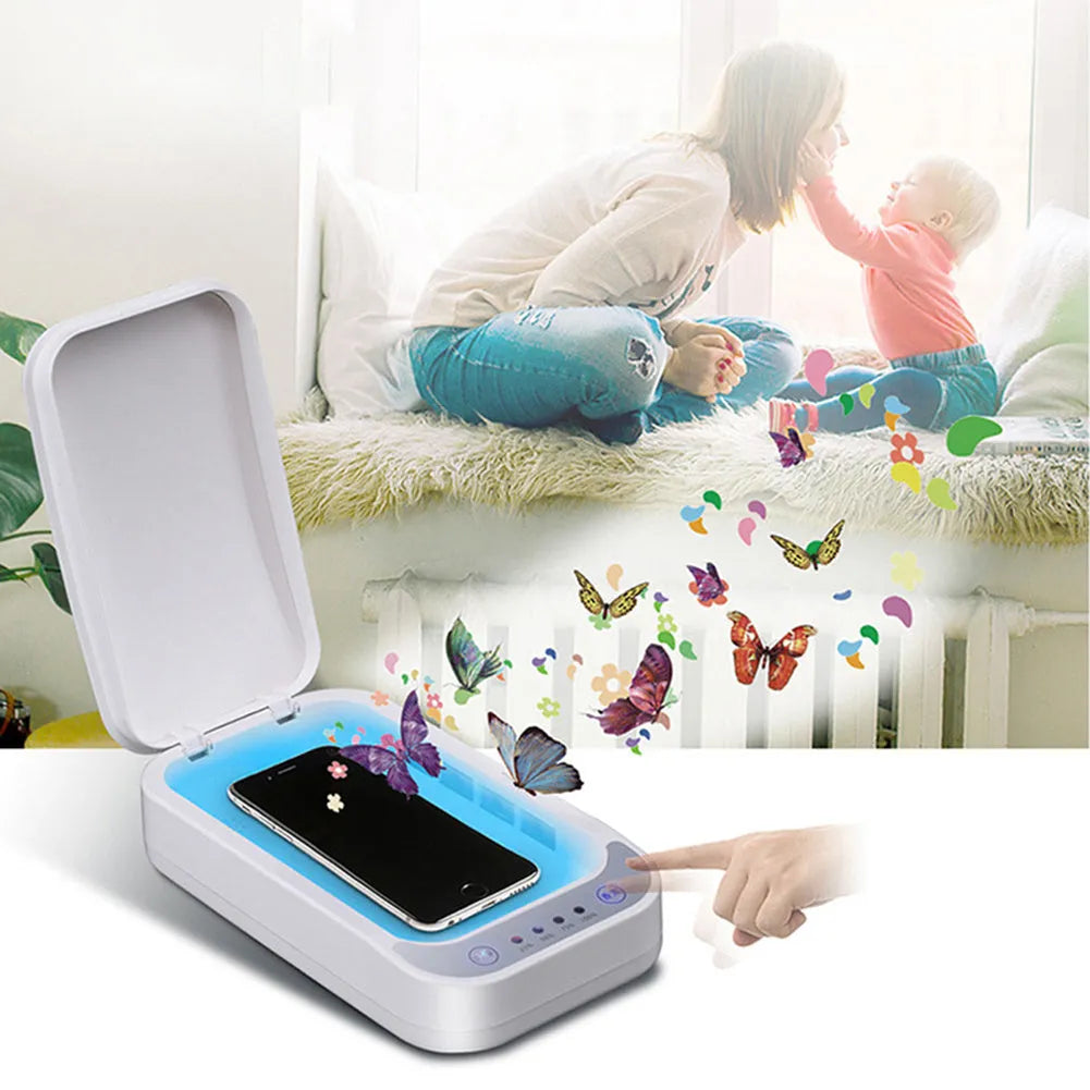 Blue and white ultraviolet disinfection box for mobile phones up to 6.6 inches