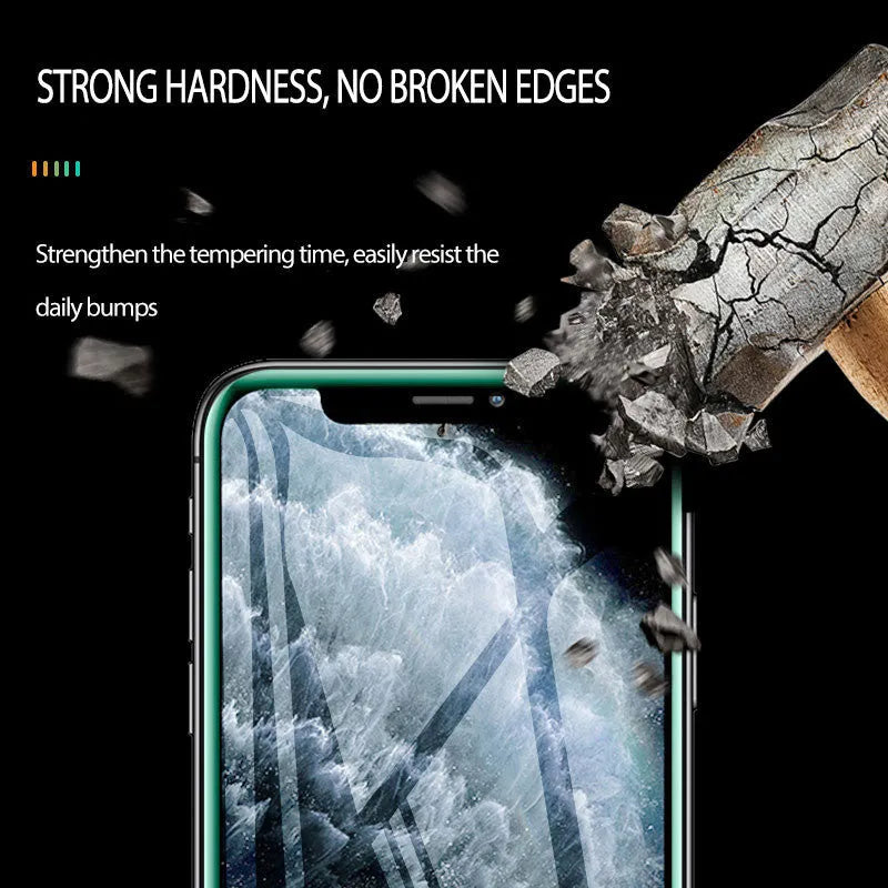 Luminous tempered glass screen protector for iPhone glowing softly in a dark setting.