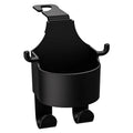 Black plastic car seat back organiser with a cup holder and hook attachments.