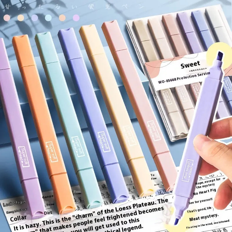 A pack of double-headed fluorescent marker pens showing their two distinct tips, available in mixed colours or themed sets.