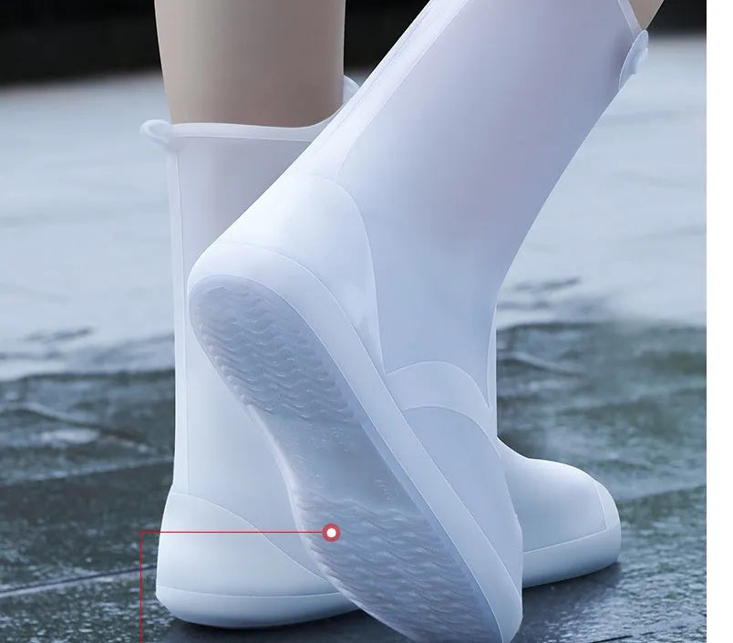 PVC women's waterproof shoe covers in white high-top design for indoor cleaning and outdoor rain protection