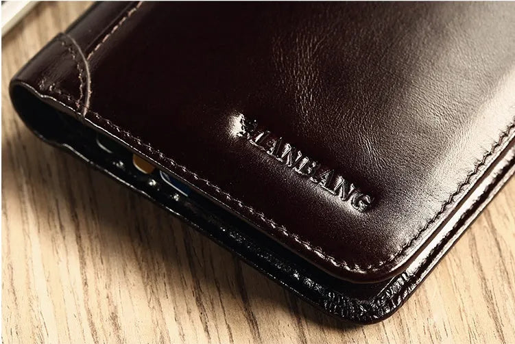 Men's leather wallet in black or brown with banknote folder, card slots, coin pocket, and photo window