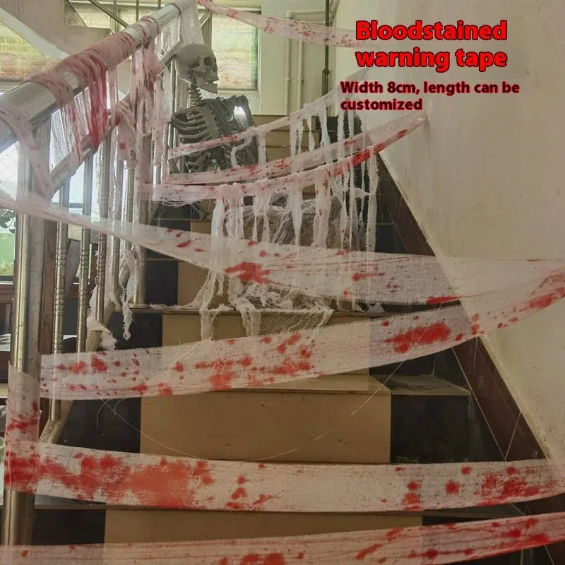 Bloody red polyester Halloween bandage roll showing 8cm width and textured surface for costume use.