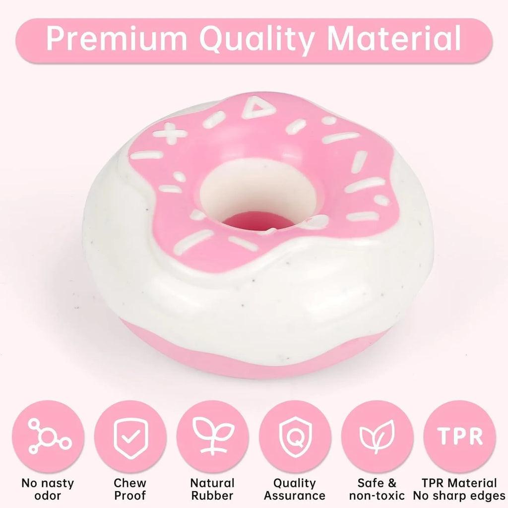 TPR donut dog toy in coffee colour with embossed surface for teeth grinding and hidden squeaker