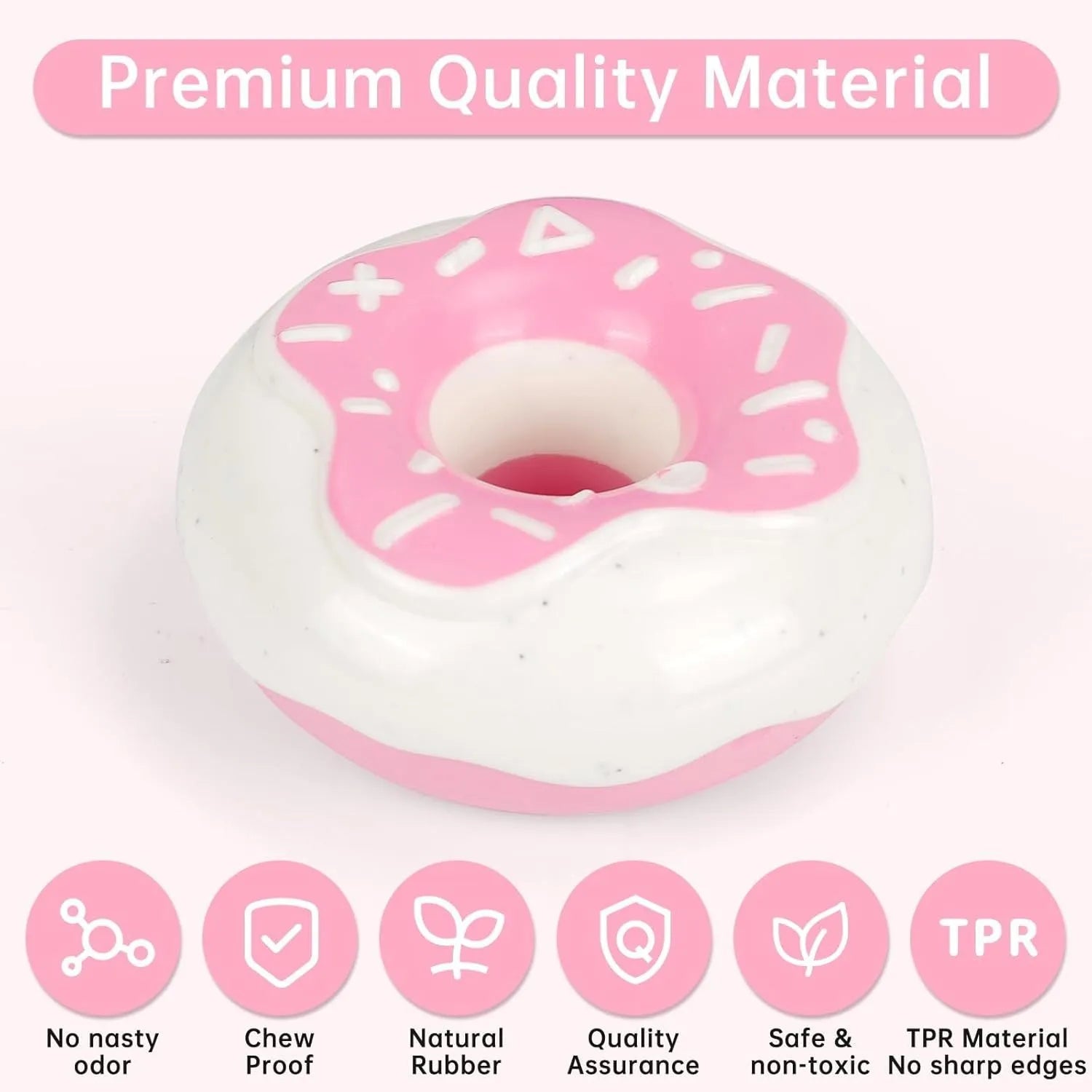TPR donut dog toy in coffee colour with embossed surface for teeth grinding and hidden squeaker