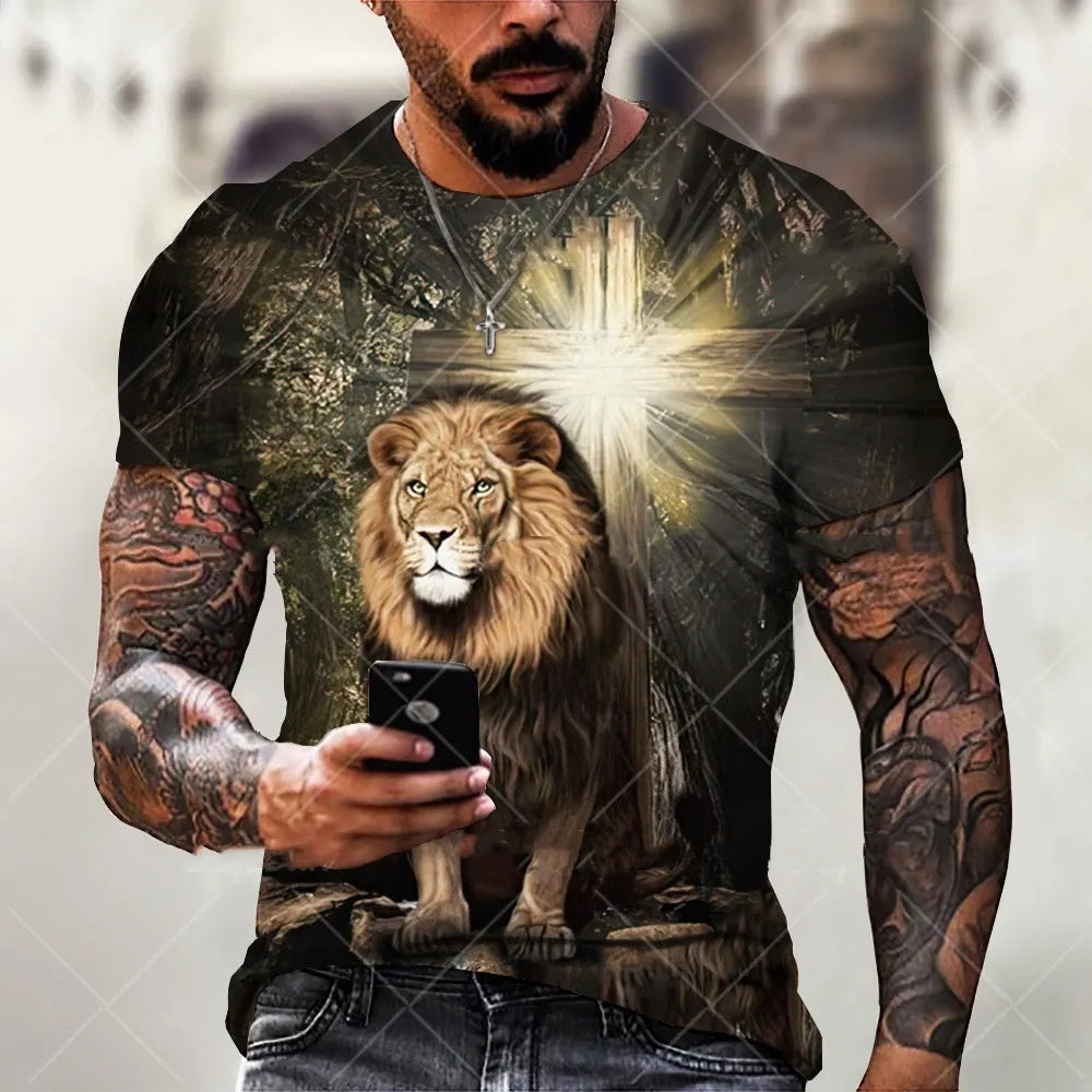 Men's grey t-shirt with a detailed 3D printed Jesus pattern on the front.
