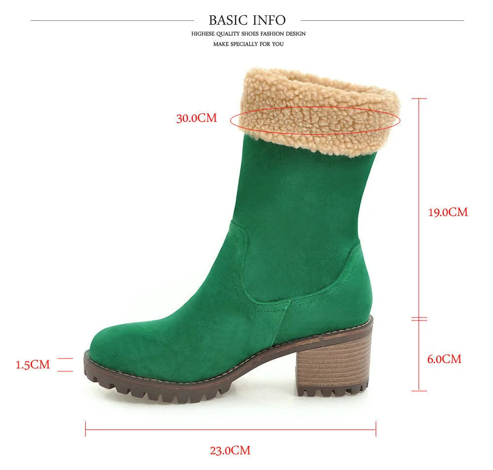 Snow boots with rubber sole and plush lining in black, grey, green, or orange colour options.