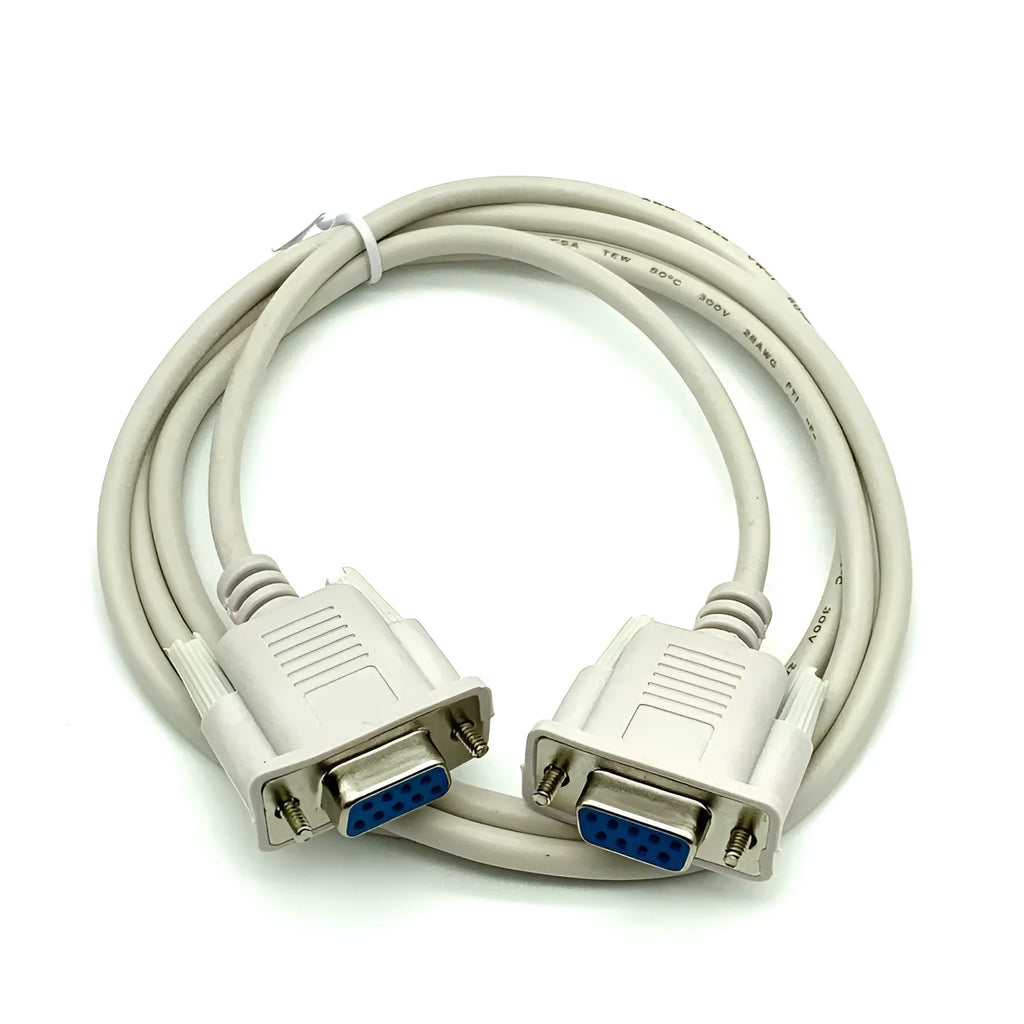 Female to female DB9 serial cable with milky white insulation measuring 1.5 metres in length