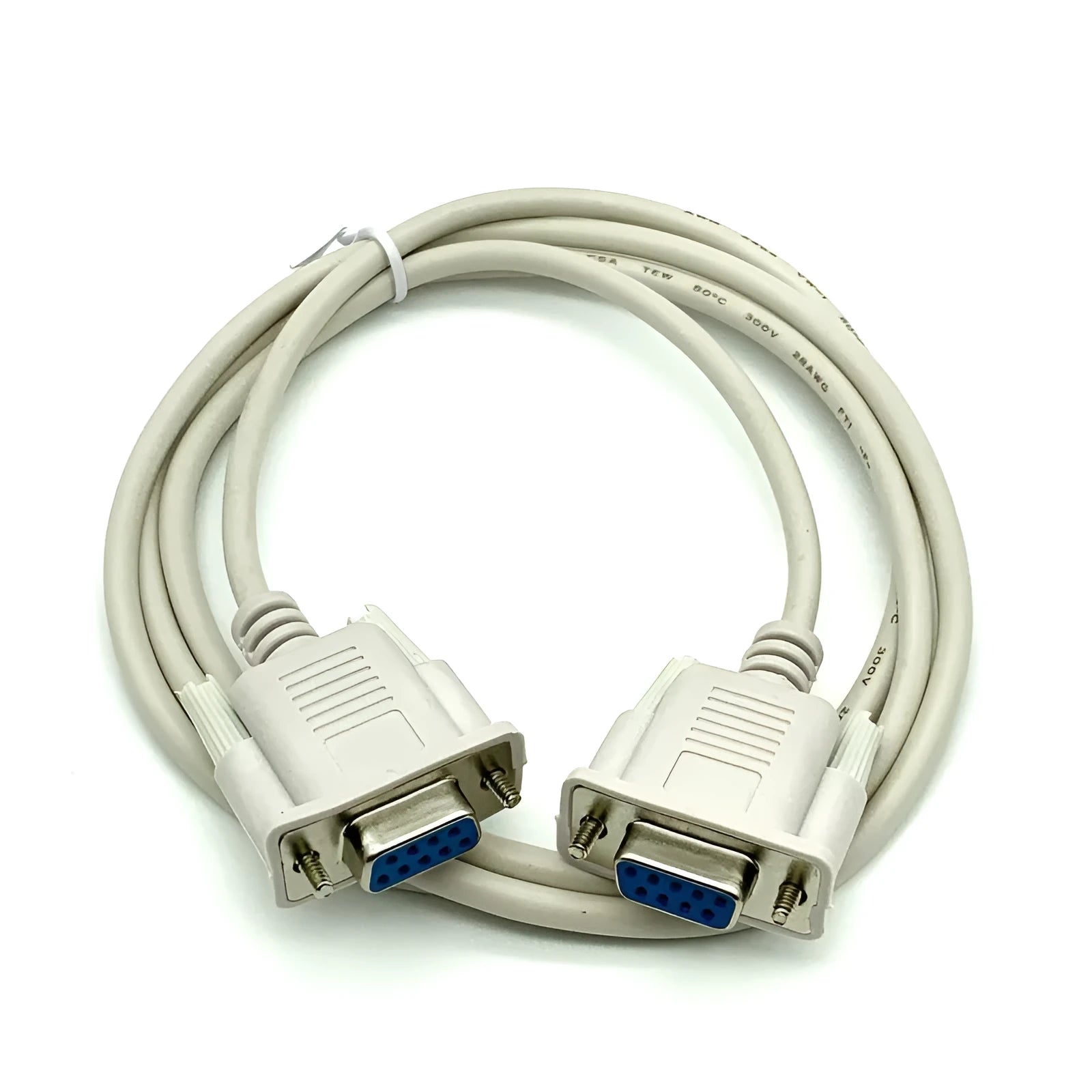 Female to female DB9 serial cable with milky white insulation measuring 1.5 metres in length