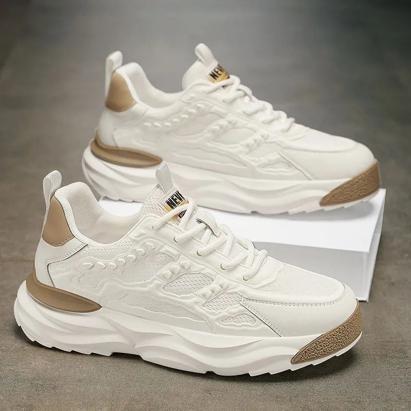 Men's white and black breathable PU mesh casual trainers with round toe.