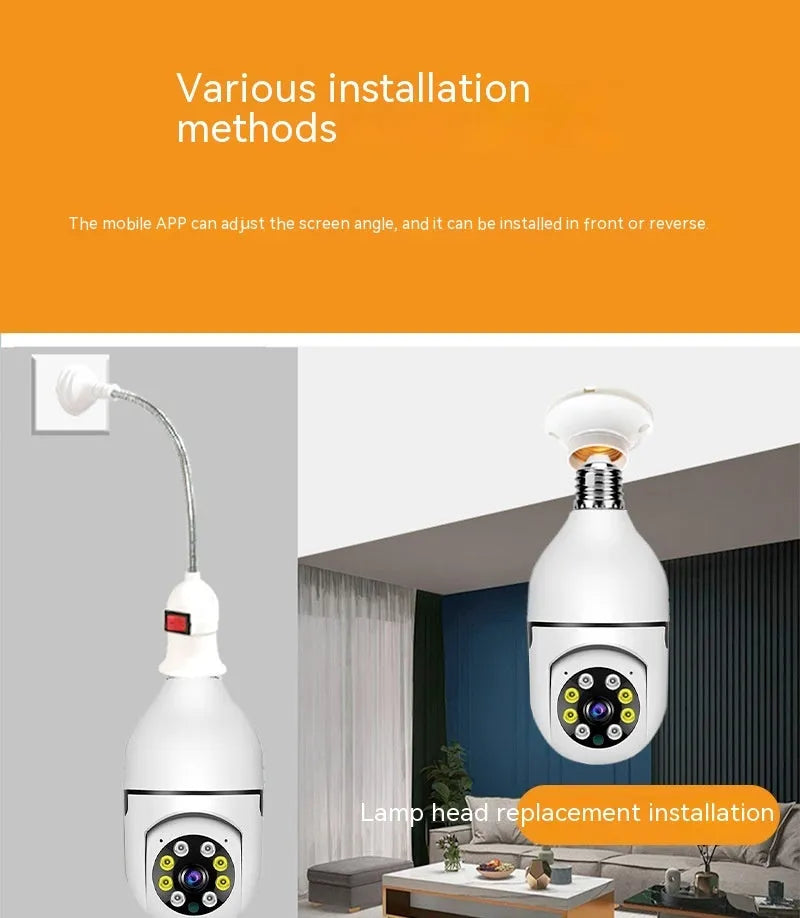 Wireless bulb security camera with plastic and metal housing measuring 5cm by 12cm