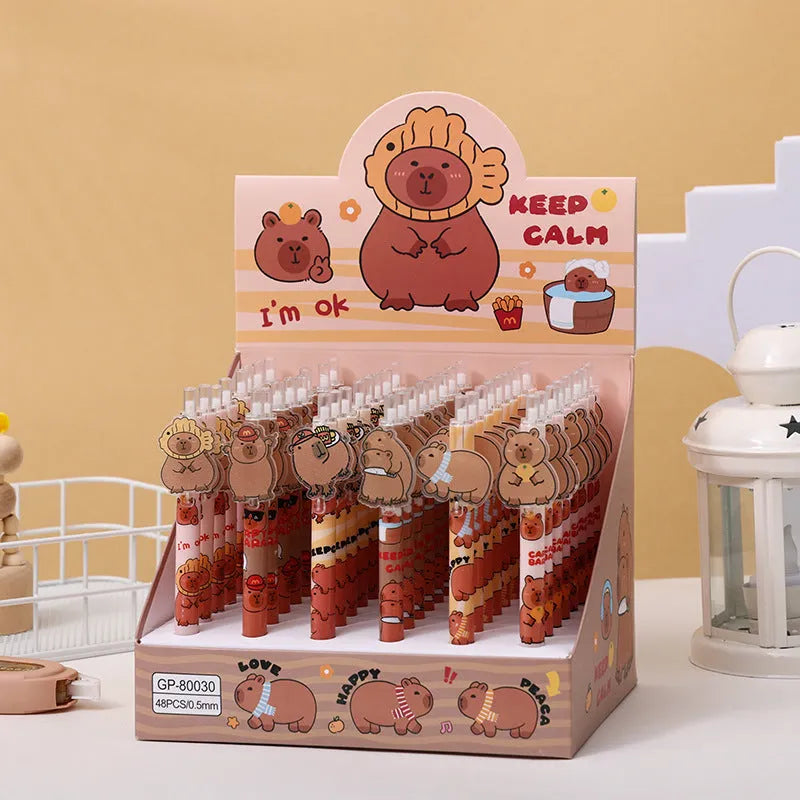Cartoon bear acrylic paster pressing gel pen set showing 48 pens with plastic shells and carbon black ink