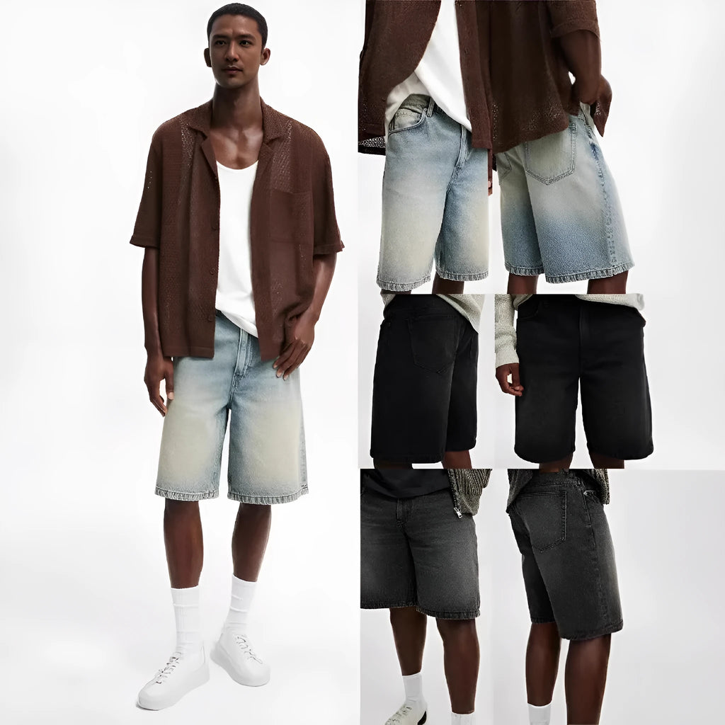 Man wearing loose fit light blue straight-leg denim jeans, a casual street style summer outfit.