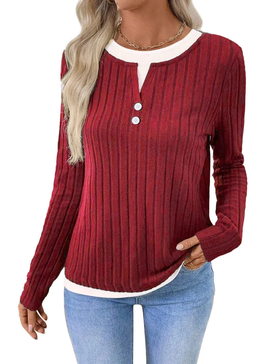Women's fake two-piece round neck pullover sweater with concave stripe pattern in street fashion style
