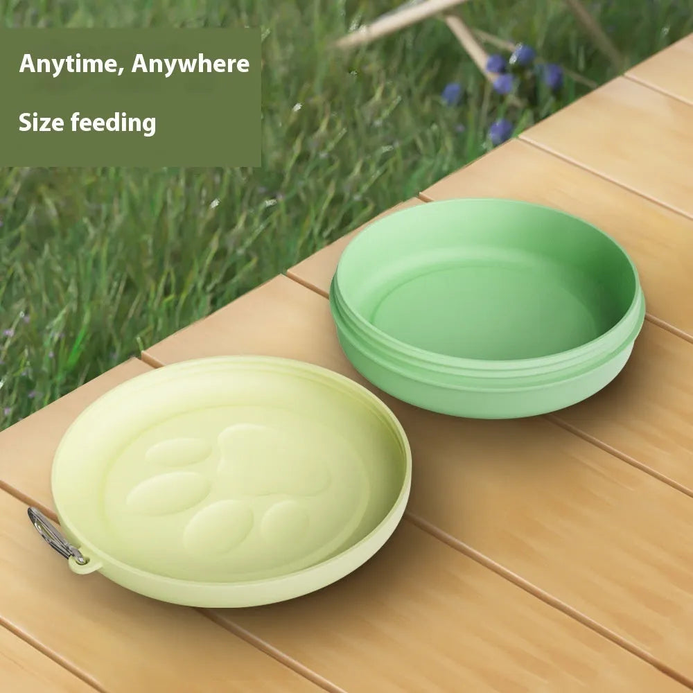 Collapsible silicone dog bowl in light green showing flat and opened positions