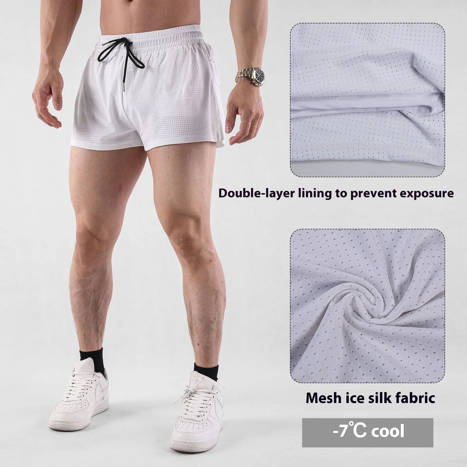 Men's black and white nylon quick-drying summer shorts on a size chart