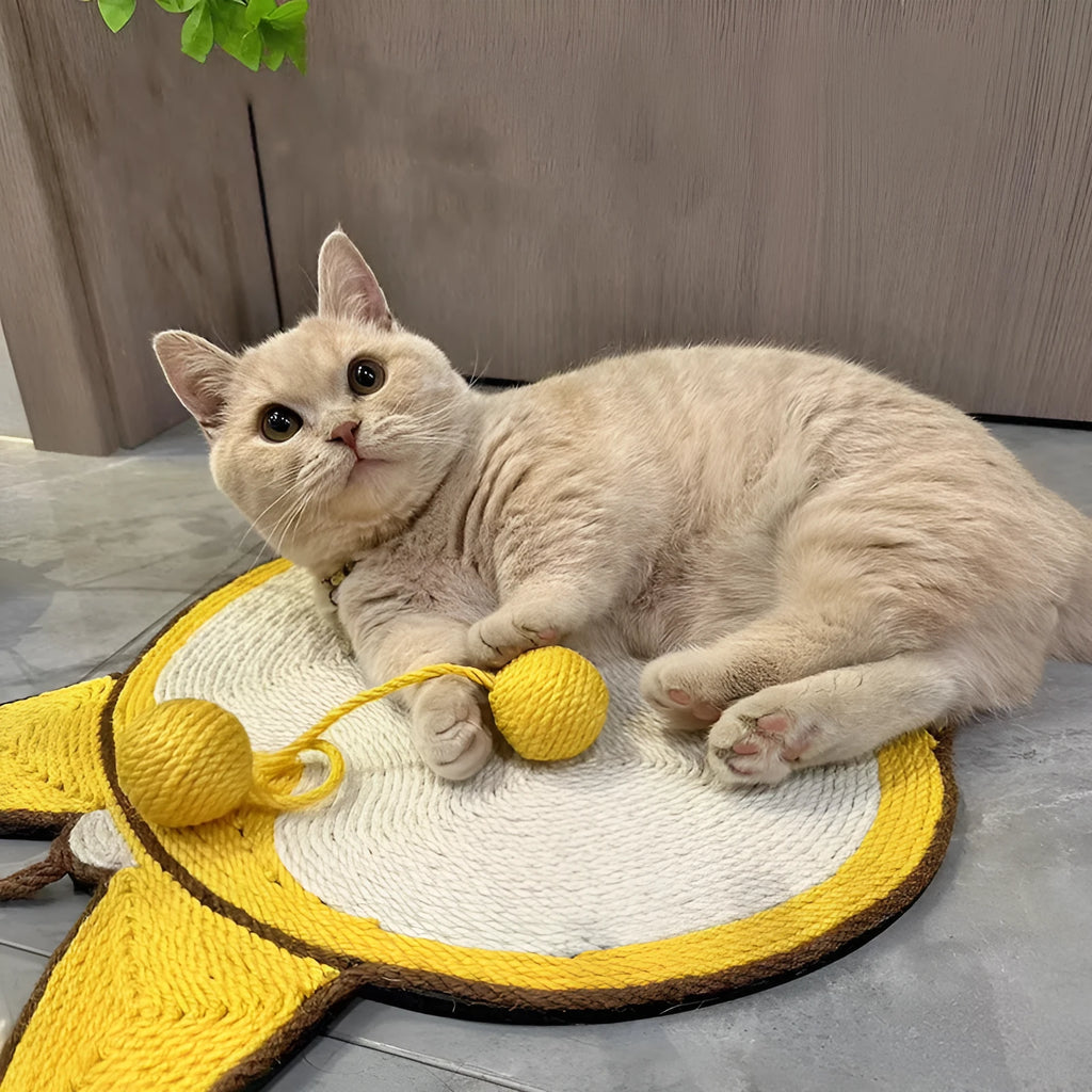 Yellow corgi butt design cat scratching pad made from natural sisal with anti-slip base