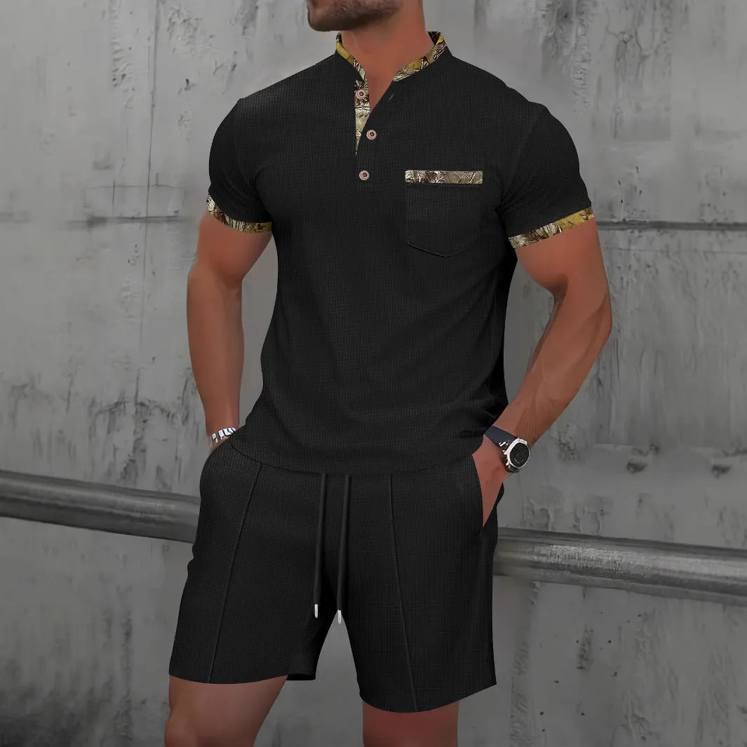 Men's waffle texture zipper polo collar short sleeve suit with matching solid colour shorts