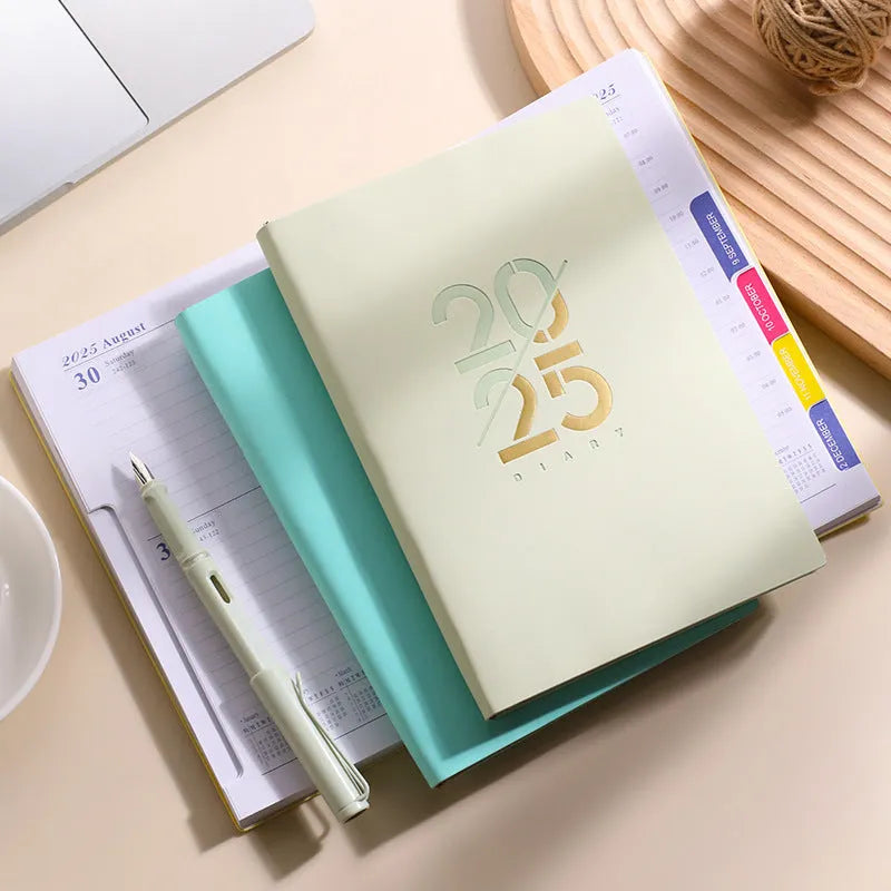 Soft faux leather A5 daily planner notebook open showing Dorian paper pages